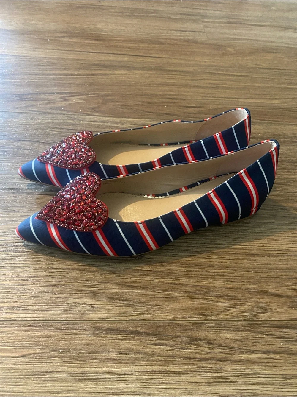New! BODEN Heart Embellished Flat Point shoe. Size 6-6.5US 37 EU red, white &blu